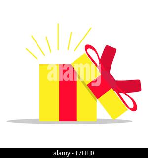 Open Box Geschenk Geschenk überraschen Vektor. Weihnachten mit roter Schleife Urlaub Objekt. Konzept isoliert weiß xmas Paket Karton. Leere Vorlage enthalten Stock Vektor