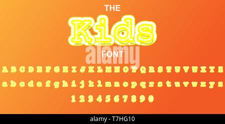 Kinder Schrift und Alphabet mit Zahlen. Vektor Typografie schreiben Design. Stock Vektor