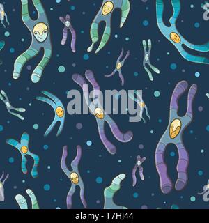 Vektor Cartoon Illustration der Chromosomen. Fröhliche nahtlose Muster für die Schule. Stock Vektor