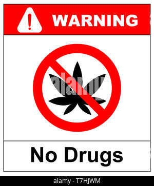 Keine Drogen unterzeichnen. Verbot Symbol Keine cannabis Abbildung isoliert auf weiss mit einem schwarzen Blatt von Marihuana, Marihuana. Rot verbot Warnsymbol Stockfoto