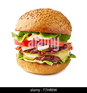 Große saftige Hamburger auf weißem Hintergrund Stockfoto