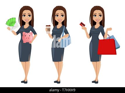 Moderne junge geschäftsfrau hält Geld und piggy Bank, hält Kaffee und hält Kreditkarte. Fröhliche Zeichentrickfigur Geschäftsfrau in graues Kleid, se Stock Vektor