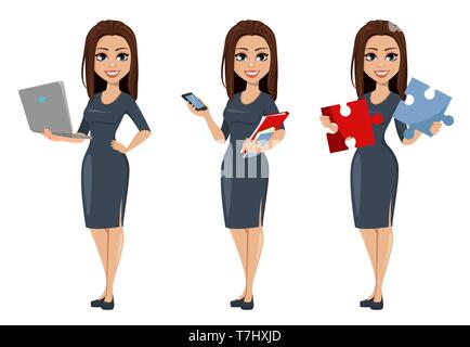 Moderne junge geschäftsfrau hält Laptop, Smartphone und hält zwei Stücke von Puzzle. Fröhliche Zeichentrickfigur Geschäftsfrau in graues Kleid, Set Stock Vektor