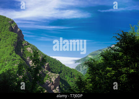 Ein magischer Anblick, der bewaldeten Berg mit einem blauen Himmel und Wolken. Stockfoto