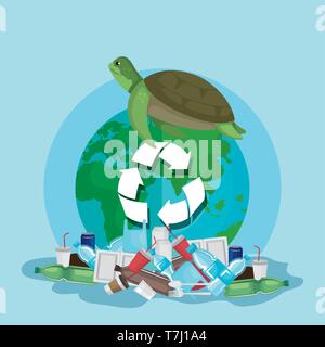 Giftige Kunststoffe Abfall Verschmutzung und Turtle tierische Kontamination Stock Vektor