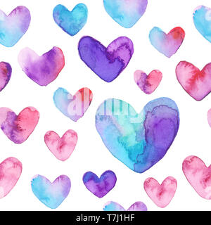 Nahtlose Muster mit Hand gezeichnet Aquarell Herzen. Von Hand bemalt romantisches Ornament für Valentines Tag. Auf weissem Hintergrund. Stockfoto