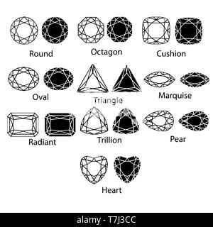Edelsteine Edelstein vector Schneiden isolierter Schmuck Diamant Kristall Abbildung. Jewel Black Stone Silhouette Stock Vektor