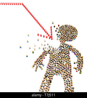 Masse von kleinen symbolischen Figuren bilden große Person Form Pfeil Streik schaden, 3D-Darstellung, horizontal, isoliert, über Weiß Stockfoto