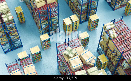 Moderne Lager voll von Waren in den Regalen, automatisierten Transport System mit modernen Drohnen. Image 3D-Render. Logistik und Versand Konzept. Stockfoto