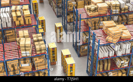 Moderne Lager voll von Waren in den Regalen, automatisierten Transport System mit modernen Drohnen. Image 3D-Render. Logistik und Versand Konzept. Stockfoto