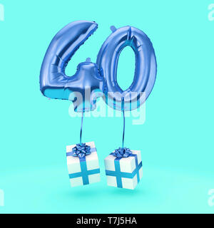 Nummer 40 Geburtstag Feier Folie Helium Ballon mit präsentiert. 3D-Rendering Stockfoto