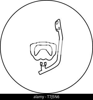 Tauchen Maske mit Atmung Rohr Tauchen Schnorcheln Ausrüstungen für Schwimmen Schnorcheln Konzept Badesachen Symbol im Kreis runde Kontur Schwarz Stock Vektor