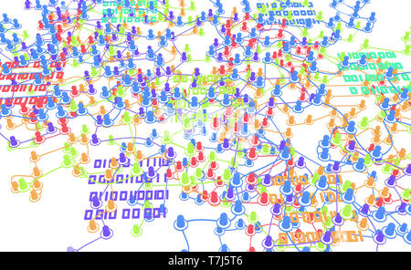 Kreise, die durch Linien verbindung System viele Farben Datenbausteine ab, über Weiß, horizontal 3D-Darstellung Stockfoto