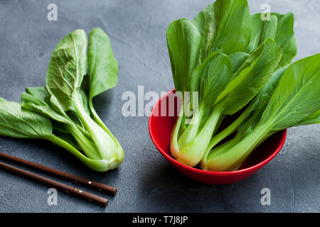 Bok choy frischer Salat in einem roten Schüssel auf graue Tabelle Hintergrund. Close Up. Stockfoto