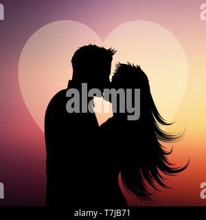 Silhouette von ein paar Küssen auf Herz Hintergrund Stockfoto