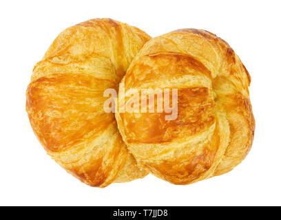 Ansicht von oben von zwei frisch gebackene Croissant auf einem weißen Hintergrund. Stockfoto