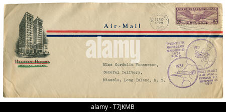 Mineola, New York, USA - 23. September 1931: Uns historische Umschlag: Abdeckung mit Gütesiegel Erstflug 20. Jahrestag 1911, Hilton Hotel Stockfoto
