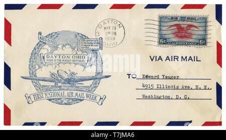 Dayton, Ohio, USA - 19. MAI 1938: Uns historische Umschlag: Abdeckung mit Gütesiegel Home der Brüder Wright, First National Air Mail Woche, Porto Stockfoto