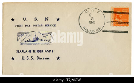 U.S.S. Biscayne, die USA - ca. 1941: Uns historische Umschlag: Abdeckung mit Gütesiegel ersten Tag Post Wasserflugzeug Ausschreibung AVP 11, Briefmarke Stockfoto