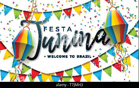 Festa Junina Abbildung mit Party Flaggen und Papier Laterne auf weißem Hintergrund. Vektor Brasilien Juni Festival Design für Grußkarten, Einladung oder Stock Vektor