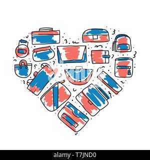 Satz von Frau Handtaschen. Sammlung der Geldbeutel in doodle Stil. Mode Accessoires Elemente. Vector Illustration. Stock Vektor