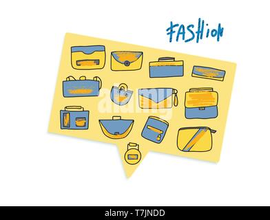 Satz von Frau Handtaschen auf Sprechblase. Sammlung der Geldbeutel in doodle Stil. Mode Accessoires Elemente. Vector Illustration. Stock Vektor