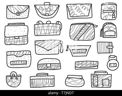 Satz von Frau Handtaschen Skizze. Sammlung der Geldbeutel in doodle Stil. Mode Accessoires Elemente. Vector Illustration. Stock Vektor