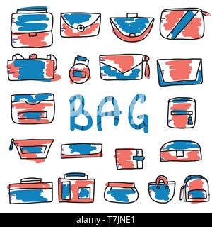 Satz von Frau Handtaschen. Sammlung der Geldbeutel in doodle Stil. Mode Accessoires Elemente. Vector Illustration. Stock Vektor