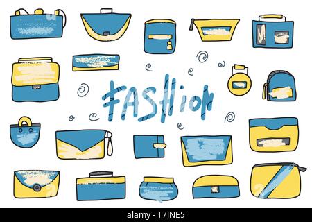 Satz von Frau Handtaschen. Sammlung der Geldbeutel in doodle Stil. Mode Accessoires Elemente. Vector Illustration. Stock Vektor