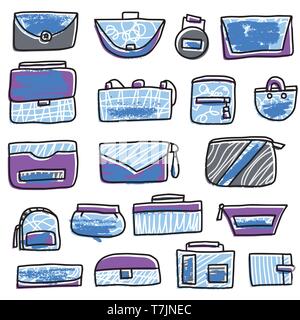 Satz von Frau Handtaschen. Sammlung der Geldbeutel in doodle Stil. Mode Accessoires Elemente. Vector Illustration. Stock Vektor