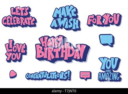 Happy birthday hand Zitate gezeichnet. Urlaub handdrawn Schriftzug Elemente auf weißem Hintergrund. Können feiern. Machen Sie einen Wunsch. Für Sie. Ich liebe Stock Vektor