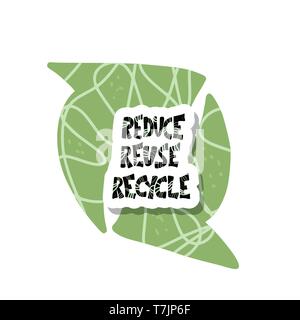 Verringern, Wiederverwenden, Recyceln. Aufkleber Zitat mit Pfeilsymbolen Dekor. Emblem mit handschriftlichen Schriftzug. Vektor Prinzipdarstellung. Stock Vektor