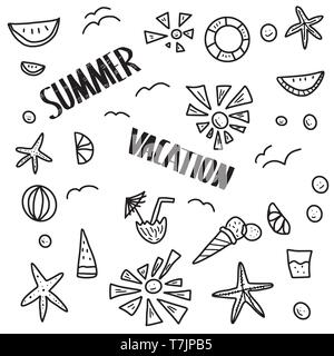 Sommer -Elemente. Handschriftliche Beschriftung mit Sommer Symbole in doodle Stil. Text und Gestaltung Dekoration. Vector Illustration. Stock Vektor