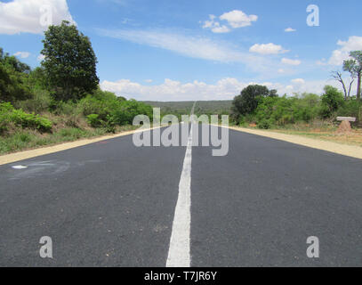 Gerade Straße durch Zombitse-Vohibasia National Park, im Südwesten Madagaskars. Stockfoto