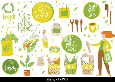 Null Abfall Vektor mit Eco life Elemente einstellen Stock Vektor