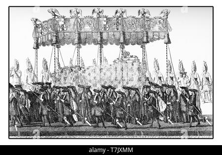 Der Trauerzug für den Tod von König Friedrich Wilhelm I. von Preußen 1740 die 'Soldier König"; ein Mann der frugal und anspruchslosen Lebensstil er Preußen wirtschaftlich und militärisch und gefördert von Schulen und Krankenhäusern verbessert Stockfoto