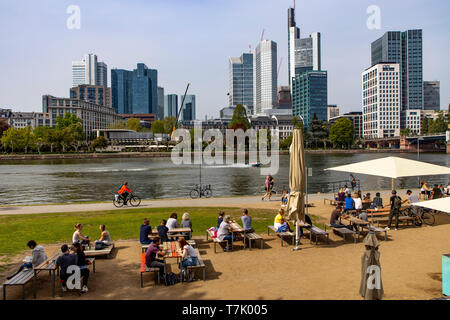 Frankfurt am Main, Blick auf die Skyline der Innenstadt, vom on the left side Mainufer, Uferweg, Stockfoto