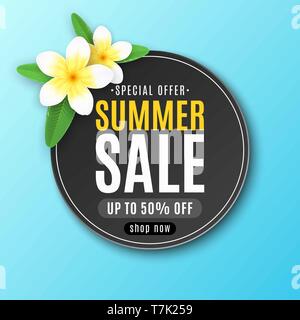 Sommer runde Label zum Verkauf. Angebot. Realistische tropischen plumeria Blumen. Saisonale Web Banner für Ihr Unternehmen. Sommer Kollektion. Vektor illu Stock Vektor