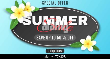 Sommer oval Label zum Verkauf. Angebot. Realistische tropischen plumeria Blumen. Saisonale Web Banner für Ihr Unternehmen. Sommer Kollektion. Kreative des Stock Vektor