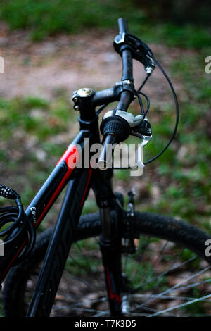 Bike, Schwarz mit roten Details, in den Wald geparkt. Stockfoto