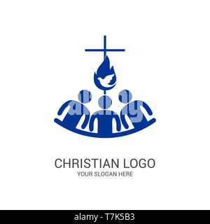 Kirche logo und biblische Symbole. Die Einheit der Gläubigen in Jesus Christus, die Anbetung Gottes, Teilnahme am Abend des Herrn und die Lesung Stock Vektor