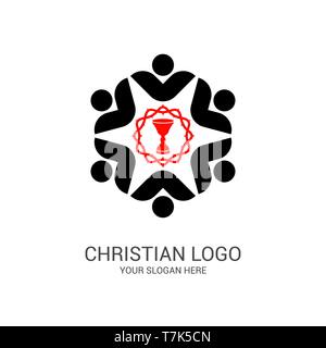 Kirche logo und biblische Symbole. Die Einheit der Gläubigen in Jesus Christus, die Anbetung Gottes, Teilnahme am Abend des Herrn und die Lesung Stock Vektor