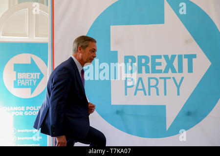 London, UK, UK. 7. Mai, 2019. Führer der Partei Brexit Nigel Farage ist während der Pressekonferenz des Brexit Partei für den Wahlkampf für die Europawahl in Westminster gesehen. Das Vereinigte Königreich wird an den Wahlen zum Europäischen Parlament statt am 23. Mai 2019. Credit: Dinendra Haria/SOPA Images/ZUMA Draht/Alamy leben Nachrichten Stockfoto