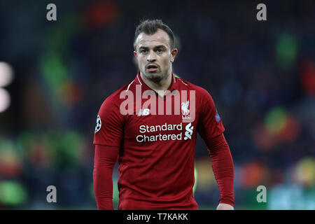 Liverpool, Großbritannien. 07 Mai, 2019. Xherdan Shaqiri von Liverpool an schaut. UEFA Champions League Halbfinale, 2 Bein übereinstimmen, Liverpool v Barcelona bei Anfield Stadion in Liverpool am Dienstag, den 7. Mai 2019. Dieses Bild dürfen nur für redaktionelle Zwecke verwendet werden. Nur die redaktionelle Nutzung, eine Lizenz für die gewerbliche Nutzung erforderlich. Keine Verwendung in Wetten, Spiele oder einer einzelnen Verein/Liga/player Publikationen. pic von Chris Stading/Andrew Orchard sport Fotografie/Alamy Live news Credit: Andrew Orchard sport Fotografie/Alamy leben Nachrichten Stockfoto