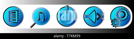 Musik und Gradient Symbole in blauen Farbtönen spielen. Set 2. Vector Illustration EPS 10. Stock Vektor
