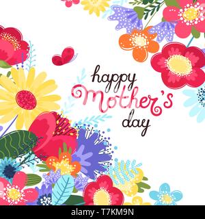 Mutter s Tag Grußkarte. Mutter s Tag Hintergrund mit Hand geschriebenen Text Happy Mother s Tag und bunten Blumen im flachen Stil. Stock Vektor