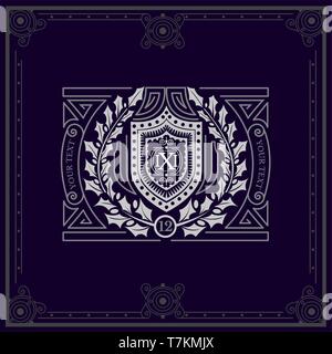 Schild mit Blumen Kranz Monogramm Vorlage für Zahlen. Elegante Linie ornament Rahmen. Weiß auf Schwarz Stock Vektor