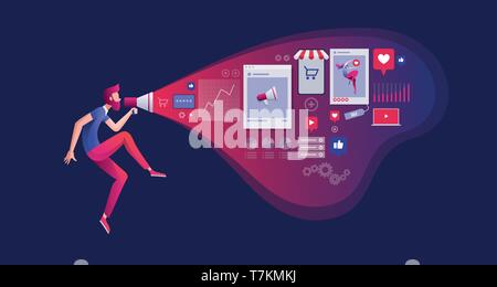 Red bärtiger Mann hält ein Megaphon und digitales Marketing bezogene Dinge verkünden. Vektor Konzept Abbildung. Stock Vektor