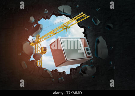 3D-Rendering von Hebekran mit retro TV und das Schwarze Loch in die Wand, dass sie es mit blauem Himmel durch das Loch gesehen. Stockfoto