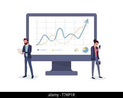 Business Leute in Anzügen mit Laptop und Smartphone in der Nähe von Diagrammen Diagramme Diagramme Vector Illustration Stock Vektor